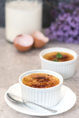 Creme brulle - traditional french vanilla cream dessert with caramelized sugar on top.