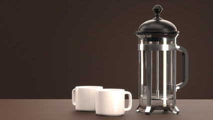 French Press with Two Espresso Cups