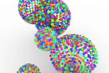Colorful spheres from squares, modern style soft white & gray background. Details, flying, anniversary & art.