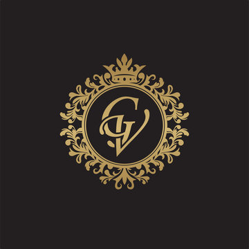 Initial letter GV, overlapping monogram logo, decorative ornament badge, elegant luxury golden color