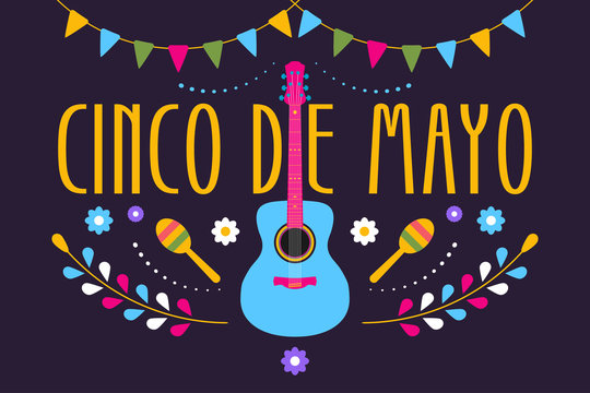 Cinco de Mayo festive design for Mexican holiday. Colorful banner of 5 May in Mexico with guitar, flowers, maraca and flags. Vector illustration.