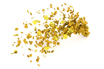 Bunch of money, gold, dollar sign or coins flow from the floor, modern style background or texture.