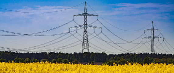 Hochspannungsleitung über Rapsfeld