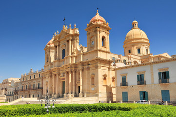 View of baroque style cathedral in old town Noto Sicily Italy.
