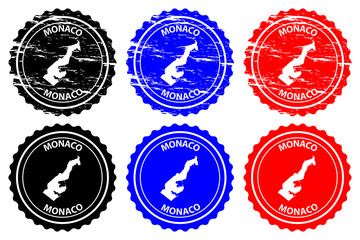 Obraz premium Monaco - rubber stamp - vector, Principality of Monaco map pattern - sticker - black, blue and red