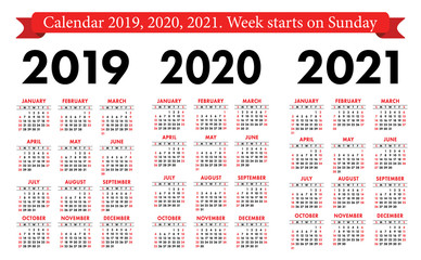 Pocket calendar 2019, 2020, 2021 set. Basic simple template. Week starts on Sunday