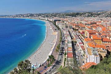 Promenade des Anglais, The Marche aux Fleurs and the city of Nice from the Parc de Colline du Chateau.