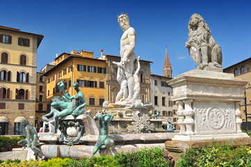 Fototapeta na wymiar Fountain of Neptune is a fountain in Florence, Italy, situated on the Piazza della Signoria in front of the Palazzo Vecchio.