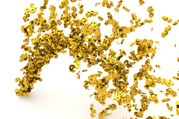 Bunch of gold money or dollar sign flow from the floor, modern style background or texture.