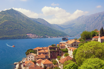 Fototapeta na wymiar Summer Mediterranean landscape. Montenegro, view of Perast town. Travel, vacation concept