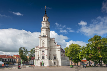 Fototapeta na wymiar Front view of Town Hall building in town hall square of Kaunas old town.