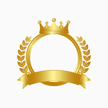 Gold crown, laurel wreath and circle frame. Winner sign with golden ribbon. Vector illustration.