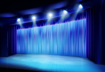 Theater stage with blue curtain. Vector illustration. - obrazy, fototapety, plakaty