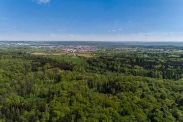 Luftbild Wald und Felder im Frühling