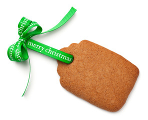 Gingerbread Label Cookie with Ribbon Bow Isolated on White Background