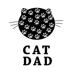 Cat Dad text with cat silhouette and paw prints. Happy Father's Day greeting card