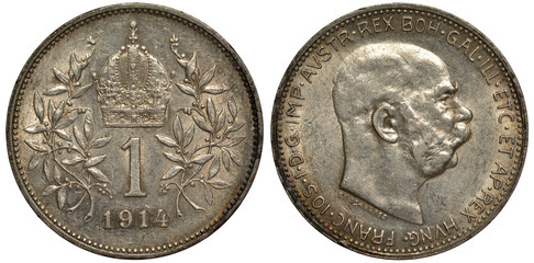 Austro-Hungarian Empire silver coin 1 one krona 1914, value and date flanked by laurel, big crown...