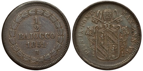 Vatican City coin 1/2 half baiocco 1851, value and date within wreath, papal arms, shield with designs, tiara and crossed keys above,