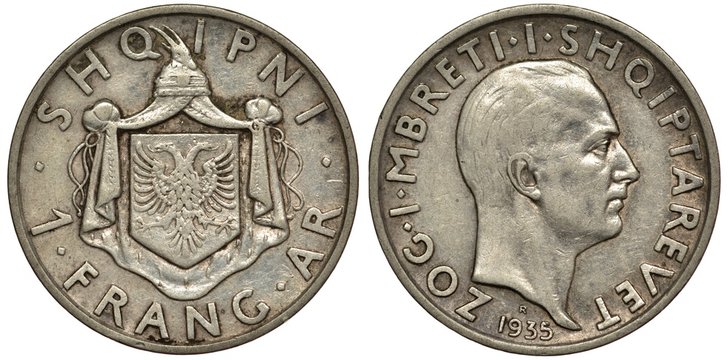 Albania Albanian silver coin 1 frang-ar 1935, coat of arms with shield with eagle with two heads, head of King Zog I right,