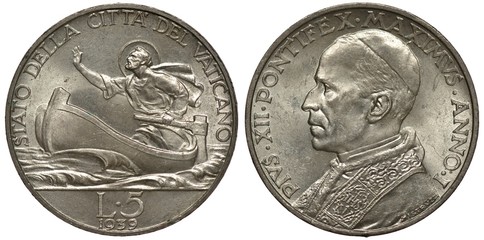 Vatican City silver coin 5 five liras 1939, Saint Peter in boat in rolling sea, value and date...