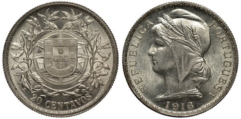 Portugal Portuguese silver coin 20 ten centavos 1916, arms, shield in front of stylized globe within circular floral wreath, face value below, female head in liberty cap decorated with grain stalks
