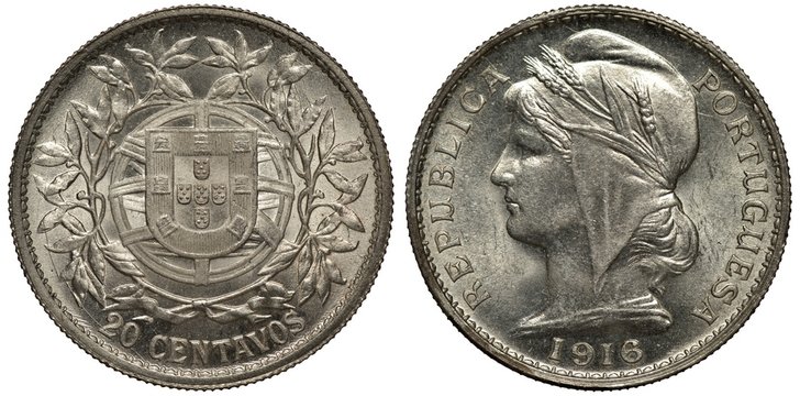 Portugal Portuguese silver coin 20 ten centavos 1916, arms, shield in front of stylized globe within circular floral wreath, face value below, female head in liberty cap decorated with grain stalks