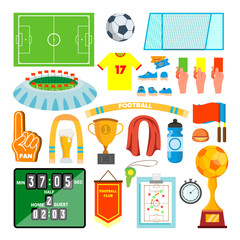 Soccer Icons Set Vector. Soccer Accessories. Ball, Uniform, Cup, Boots, Scoreboard, Field. Isolated Flat Cartoon Illustration