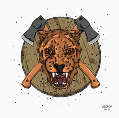 portrait of a leopard against a background of axes. Can be used for printing on T-shirts, flyers and stuff. Vector illustration
