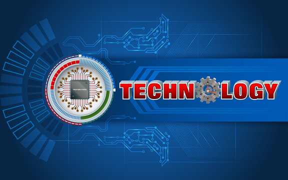 Abstract, design background with 3d text, microchip, electronic circuits and gear with clock attached for the technology category; Vector illustration