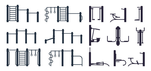 Outdoor workout gym black silhouette equipment and trainer machine. Street fitness background elements.