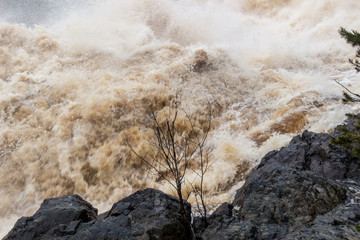 Stormy mountain river with large waves