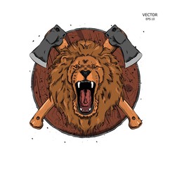 lion against the backdrop of axes. Can be used for printing on T-shirts, flyers and stuff. Vector illustration
