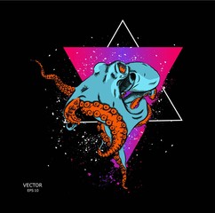 portrait of an octopus in the background of a triangle.Can be used for printing on T-shirts, flyers and stuff. Vector illustration