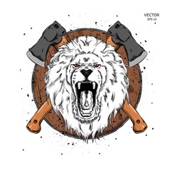 lion against the backdrop of axes. Can be used for printing on T-shirts, flyers and stuff. Vector illustration
