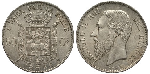 Belgium, Belgian coin fifty centimes 1866, arms, shield with lion surrounded by collar of the order, crown on top, inscription in French Union makes force above, Leopold II head left, silver,
