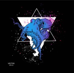 portrait of an octopus in the background of a triangle.Can be used for printing on T-shirts, flyers and stuff. Vector illustration