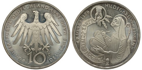 Naklejka premium Germany, German coin ten mark 1998, German eagle over denomination, German poet Hildegard von Bingen, female in medieval dress, silver