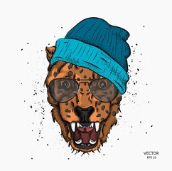 Portrait of a leopard in the cap. Can be used for printing on T-shirts, flyers and stuff. Vector illustration