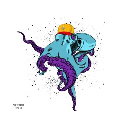 portrait of an octopus in a hat. Can be used for printing on T-shirts, flyers and stuff. Vector illustration