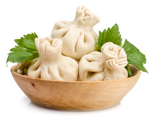 Khinkali, a georgian dumpling, on a white background