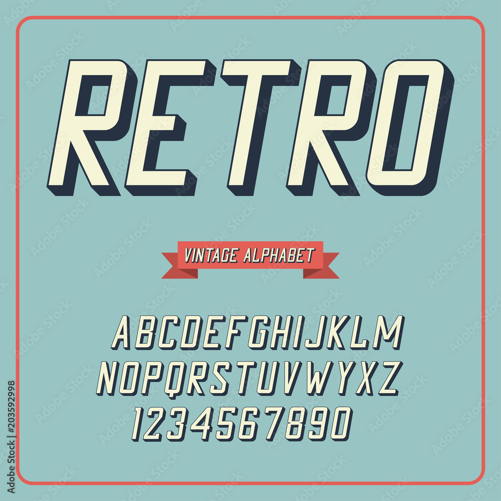 Poster Retro font and alphabet. Slanted alphabet and numerals. Vintage typography, letters with shadow. Vector illustration.