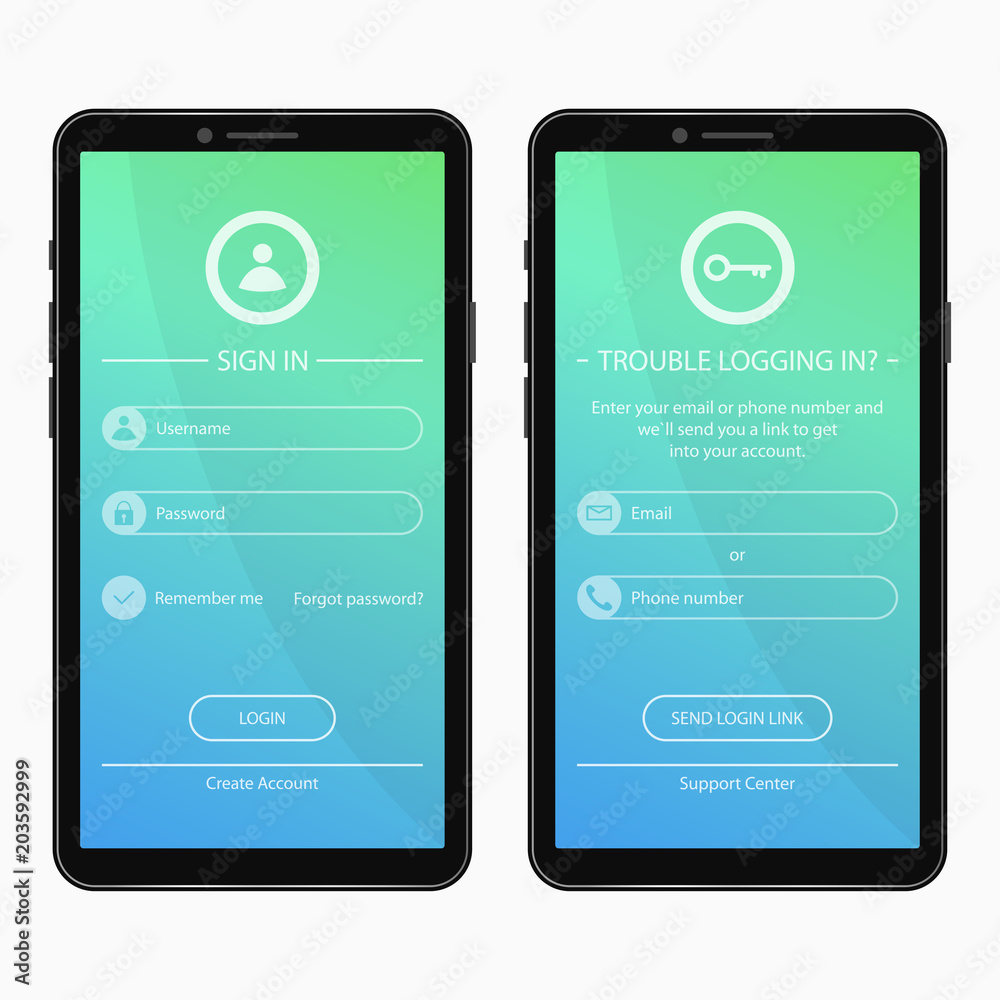 Poster Login page and forgot password form design for mobile app. User interface template for smartphone applications. UI, GUI and UX website elements. Vector.