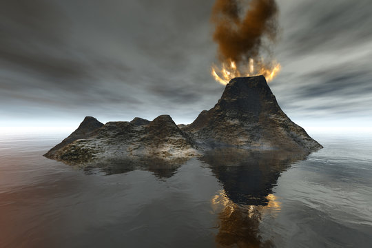 Volcano, an island landscape, fire and smoke on the crater, reflection in the sea, and a cloudy sky.
