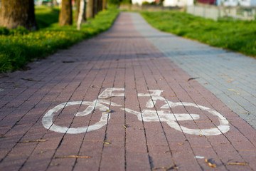Bicycle path with horizontal marking. Designated place for cycling.