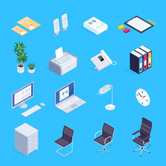 Set of isometric icons of office equipment.