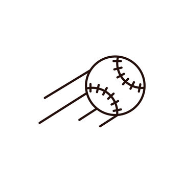Flying baseball or softball with motion path lines - vector icon on isolated background. Base ball sign, emblem, element in thin line style.