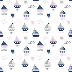 Cute vector seamless pattern with boats, waves and suns in pink, blue and gray colors on white backgrounds for summer designs
