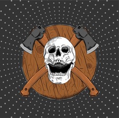 skull with medieval shield and crossed axes. Can be used for printing on T-shirts, flyers and stuff. Vector illustration