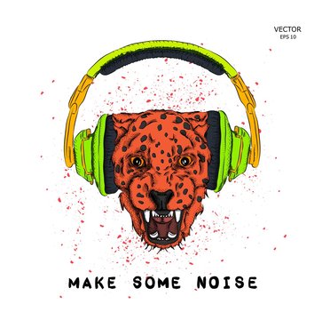 A leopard in headphones. Hipster dog. Vector illustration