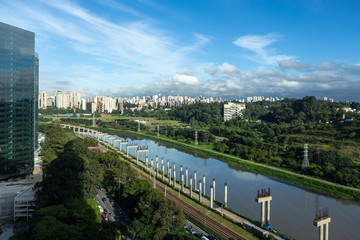 View of the "Marginal Pinheiros" Avenue, Pinheiros River and skyline of Sao Paulo city.